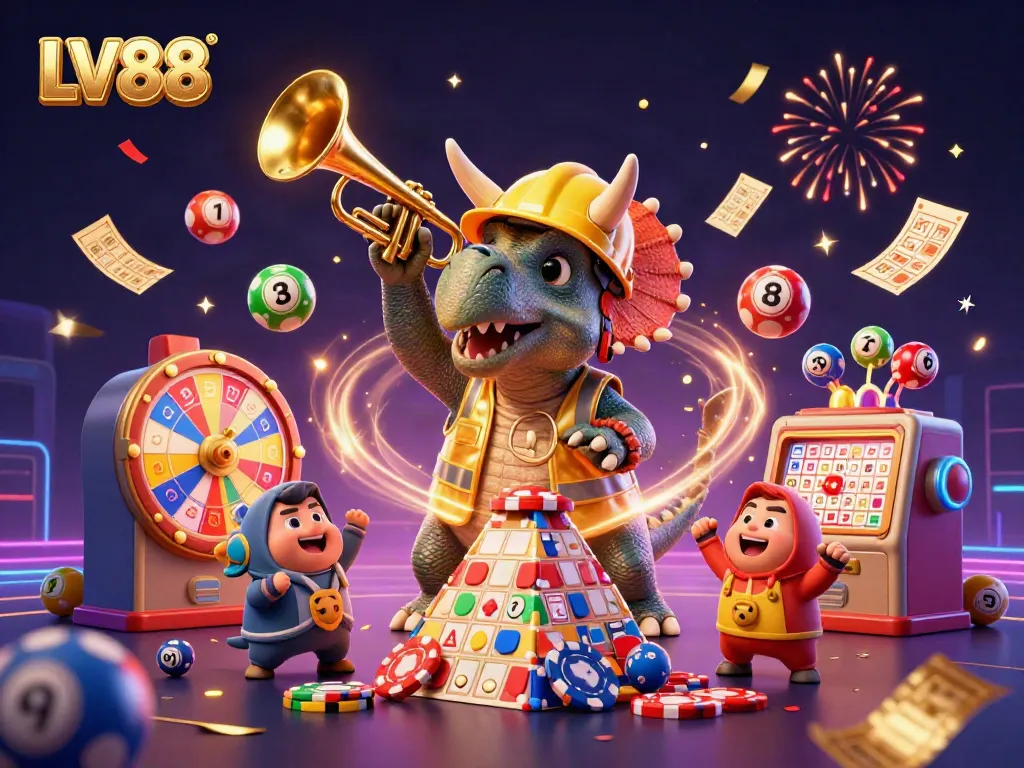 Experience LV88 with a lively scene of cartoon dinosaurs celebrating casino games and lottery elements.