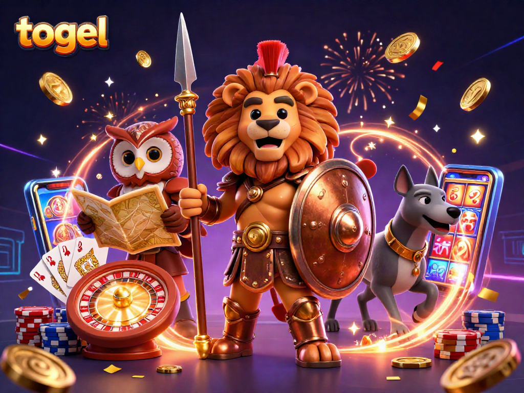Togel players engage in dynamic betting excitement with vibrant characters and casino elements.