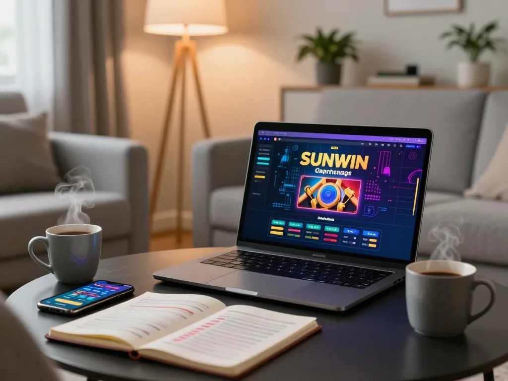 sunwin online gaming setup with a cozy atmosphere showing a person strategizing on their laptop.