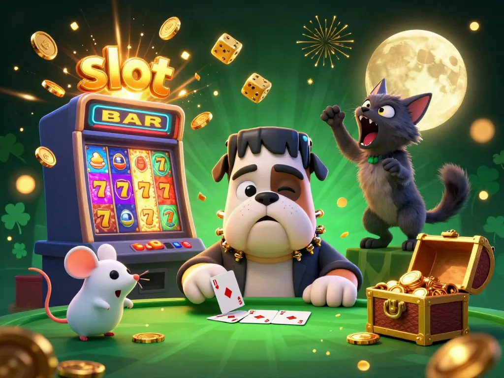 Engaging 3D cartoon scene featuring a bulldog monster dealing cards at a spooky table with a slot machine explosion, perfect for gaming.