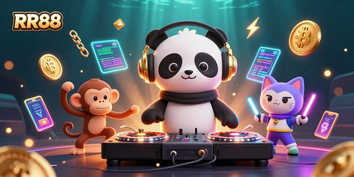 Engage with RR88 while the DJ panda spins tunes on roulette wheel turntables, surrounded by crypto elements.