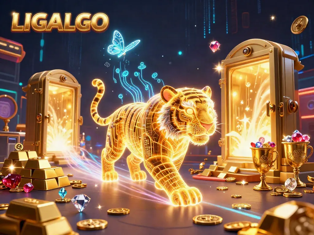 LIGALGO captures the thrill of winning in a vibrant casino scene with a golden tiger and treasure elements.
