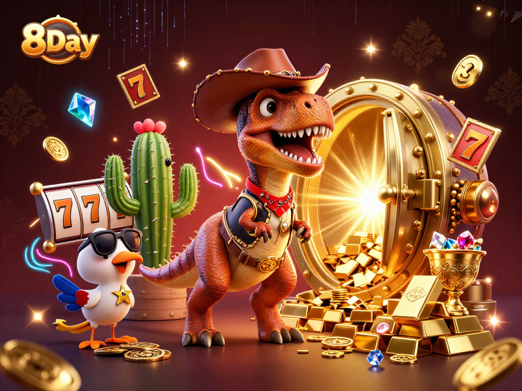 Experience the thrill of 8Day's exciting slots and jackpots in this vibrant casino scene.