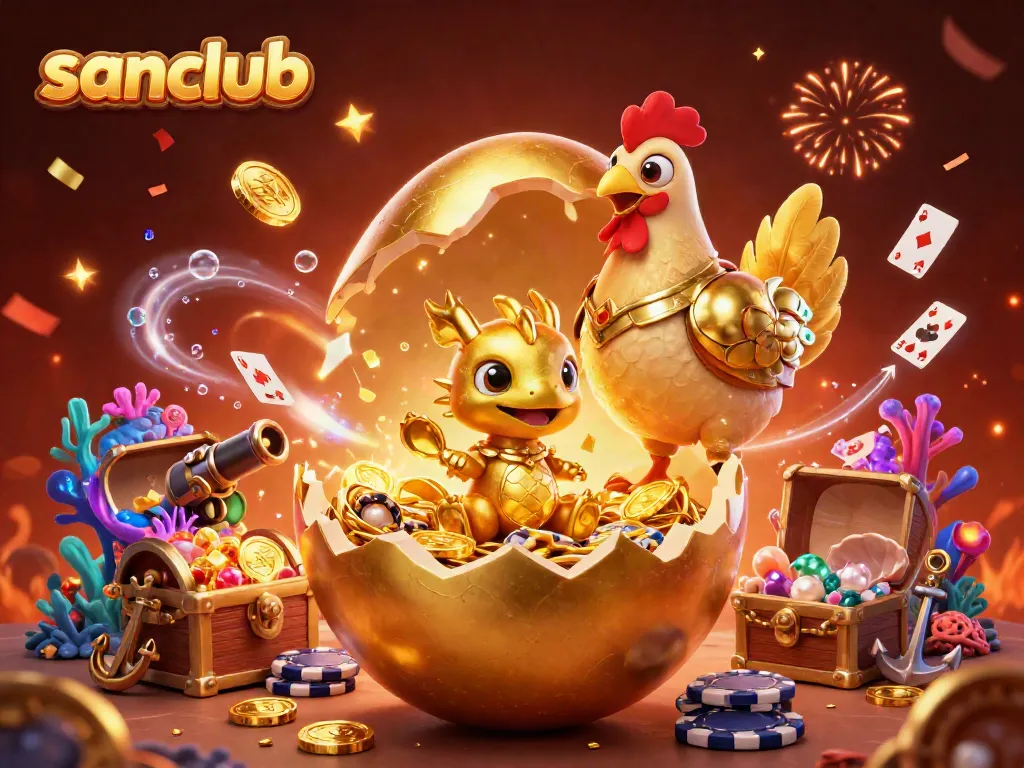 Engage with endless excitement at sanclub, where a golden dragon guards treasures of casino games and poker chips.