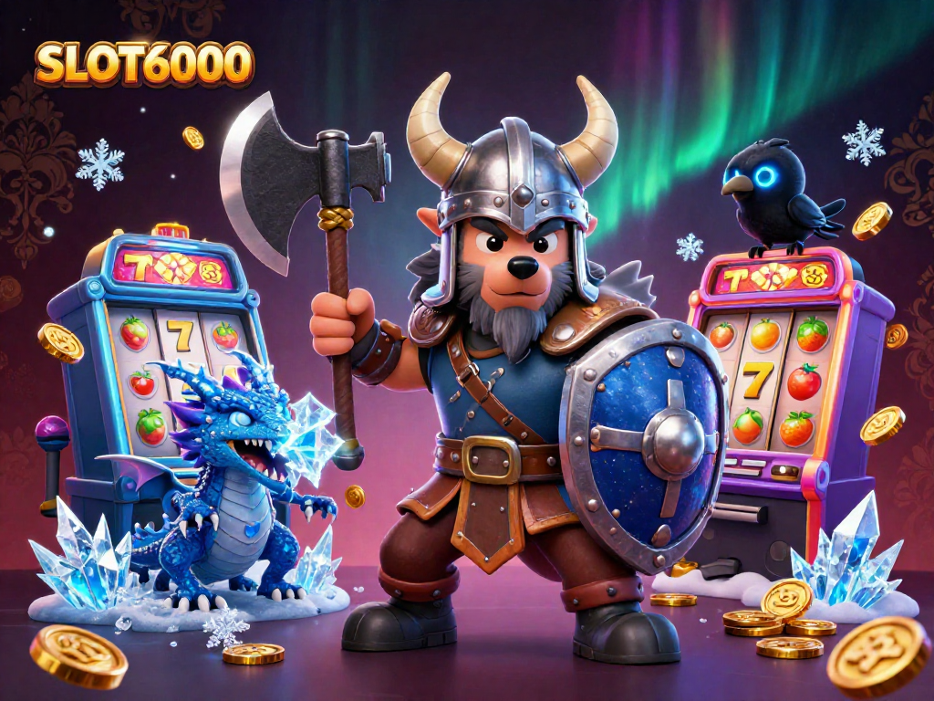 SLOT6000 slot machines display vibrant reels and coins in this immersive gaming scene.
