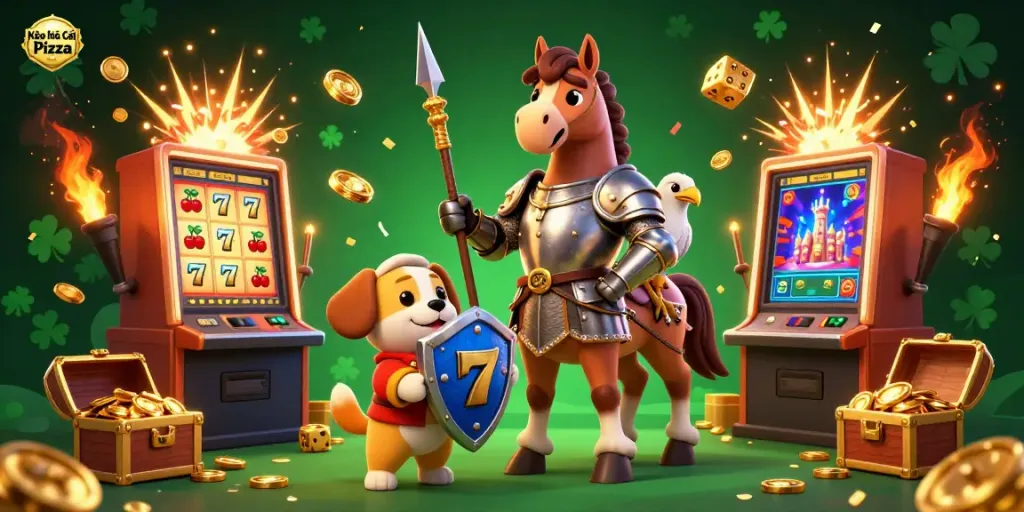 Kèo Nhà Cái Pizza offers dynamic casino experiences with medieval characters amid vibrant gaming elements.