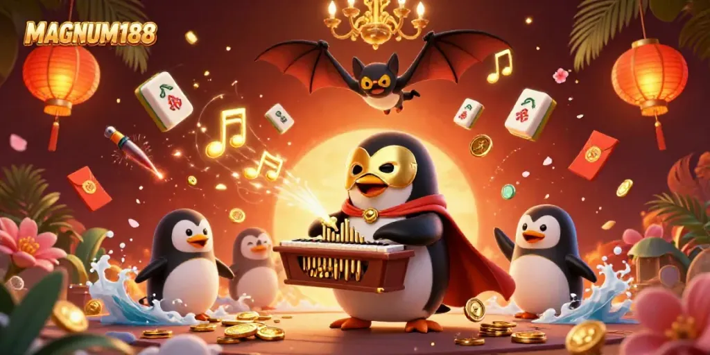 Experience the excitement of MAGNUM188 with a vibrant casino-themed digital scene featuring dynamic game elements.