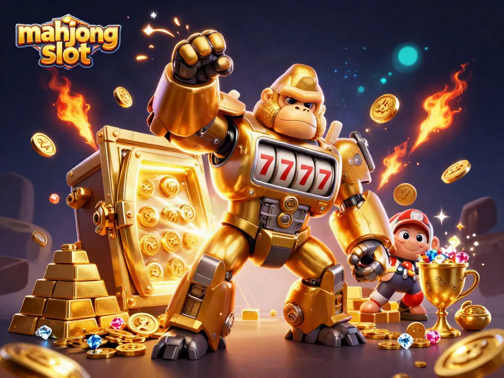 Spin to win on the mahjong slot with golden gorilla mech and treasure bursting with excitement!