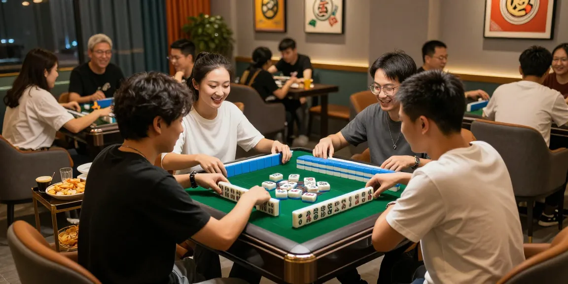 MAHJONGJP88 hari ini game night with friends at stylish lounge, vibrant atmosphere and colorful tiles.
