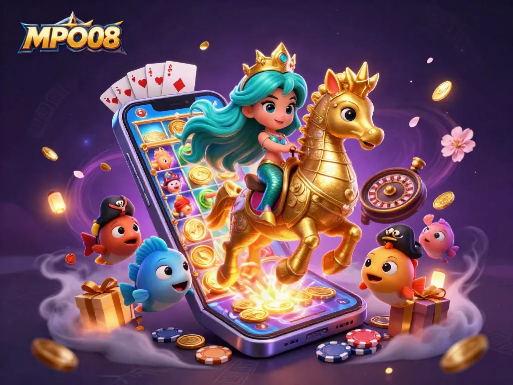 Engage with MPO08's vibrant slot games featuring a mermaid princess and dynamic casino elements.