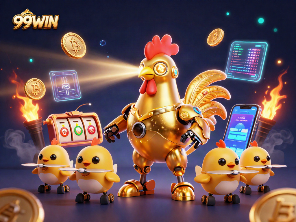 Engage in thrilling casino adventures with the dynamic action of 99WIN's golden rooster robot illustration.