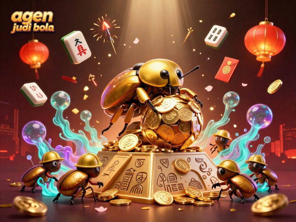 Bet on exciting agen judi bola with 3D cartoon beetles celebrating casino wins in a vibrant, immersive scene.
