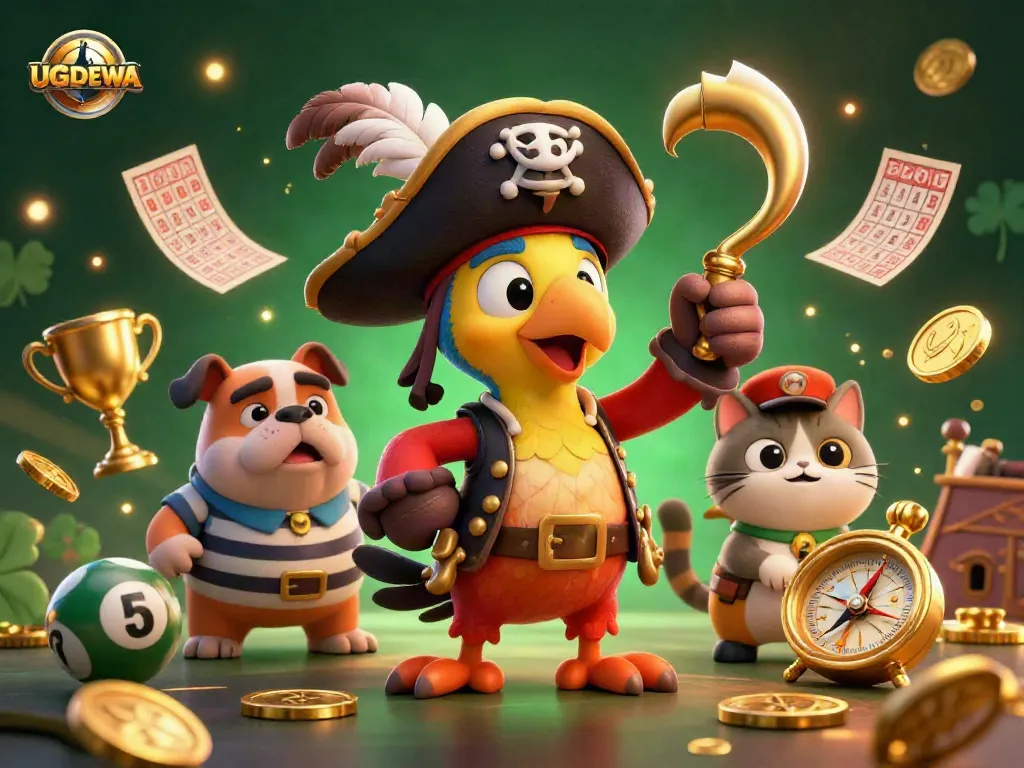 Engage with UGDEWA as vibrant lottery elements and characters come alive in this dynamic 3D casino illustration.