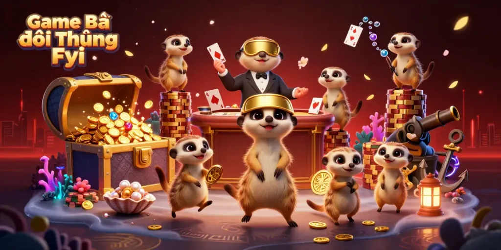 Experience immersive gaming with Game Bài Đổi Thưởng Fyi as meerkats orchestrate a vibrant casino scene.