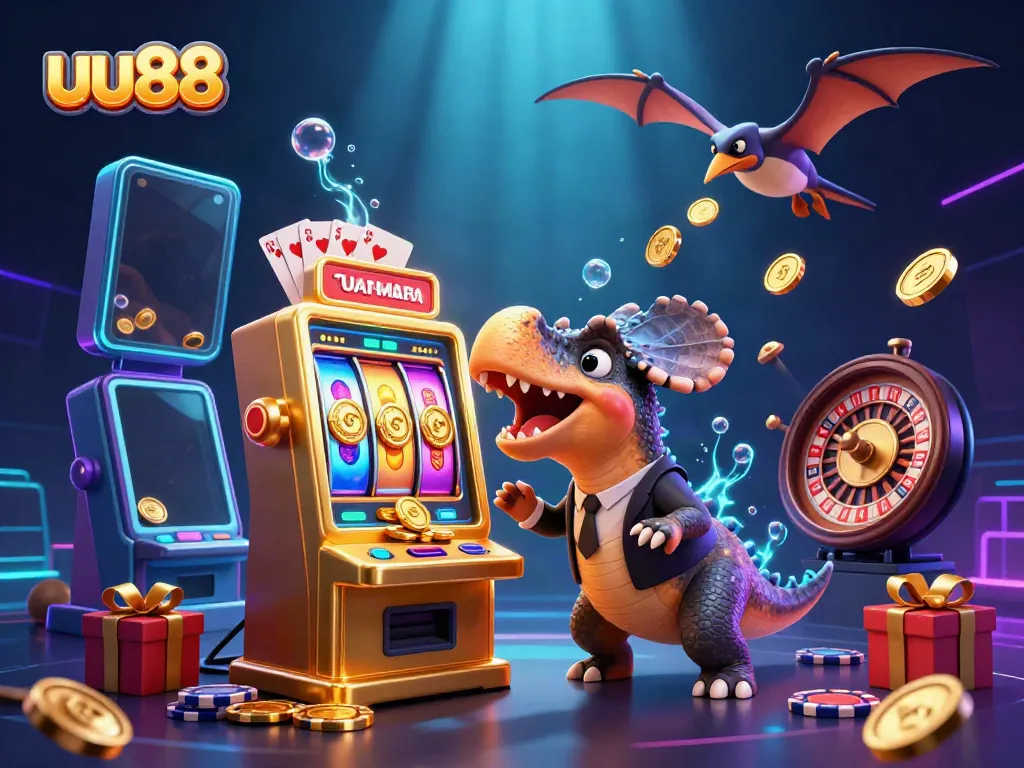 uu88 features a pachycephalosaurus triggering jackpot coins while an ankylosaur waves in panic, showcasing vibrant casino elements.
