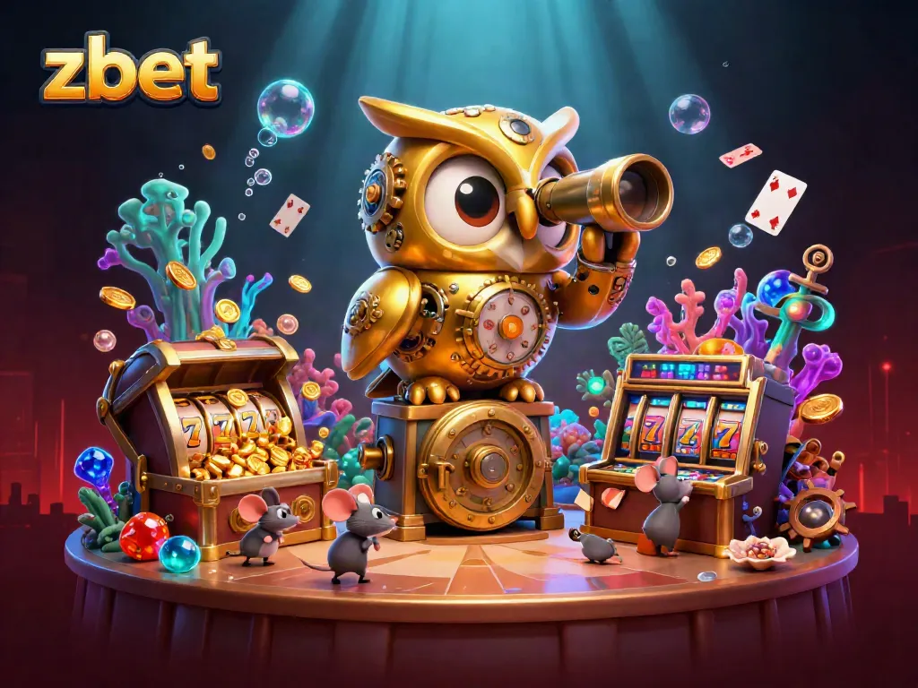 Engaging players at the zbet casino with a whimsical 3D scene of a golden owl and lively mice among gold coins and slot machines.