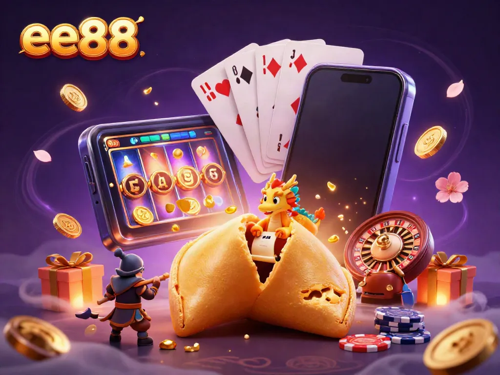 Engage in exciting games at ee88, featuring a gold fortune cookie and winning casino elements.