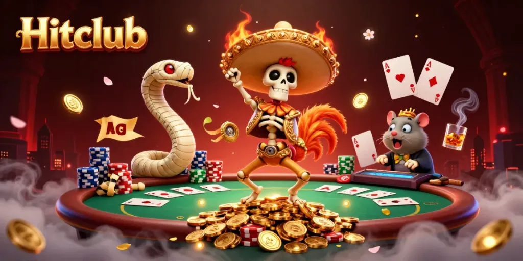 Hitclub themed casino scene featuring a festive skeleton mariachi rooster dancing on gold coins.