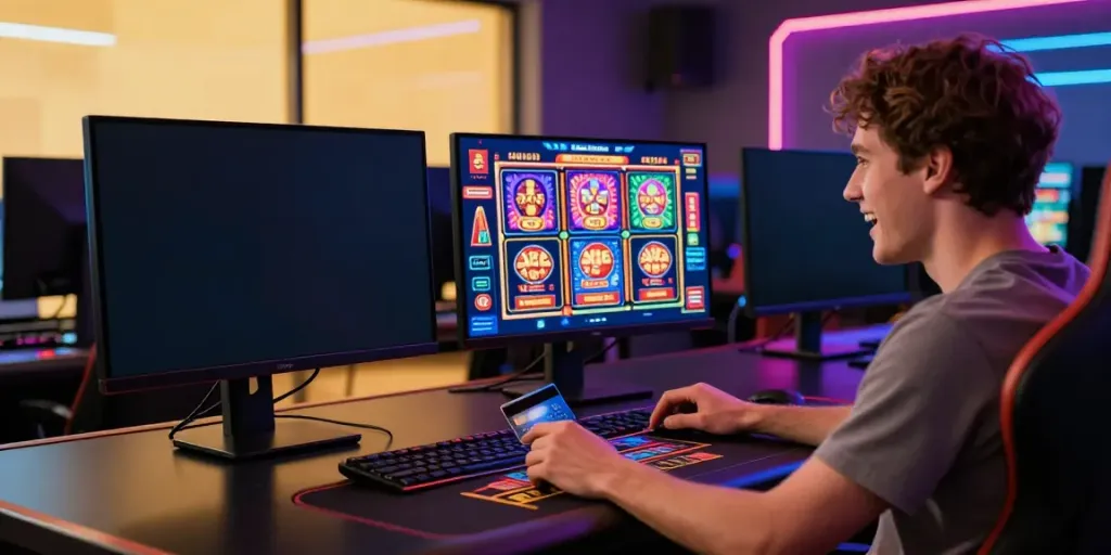 Exciting scene of a player engaging in casinos that accept credit cards with multiple screens and vibrant game graphics.
