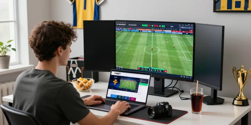 Individual immersing in a thrilling online betting experience on FABET platform, with vibrant sports decor.