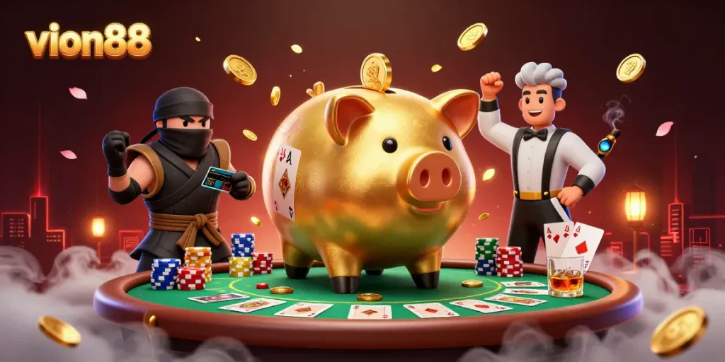 Experience thrilling gaming at vion88 with a vibrant illustration showcasing characters and casino excitement.