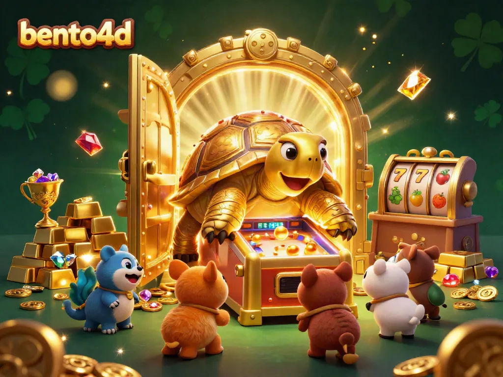 Experience exciting gameplay with bento4d in this vibrant 3D scene packed with slot machine elements and treasures.