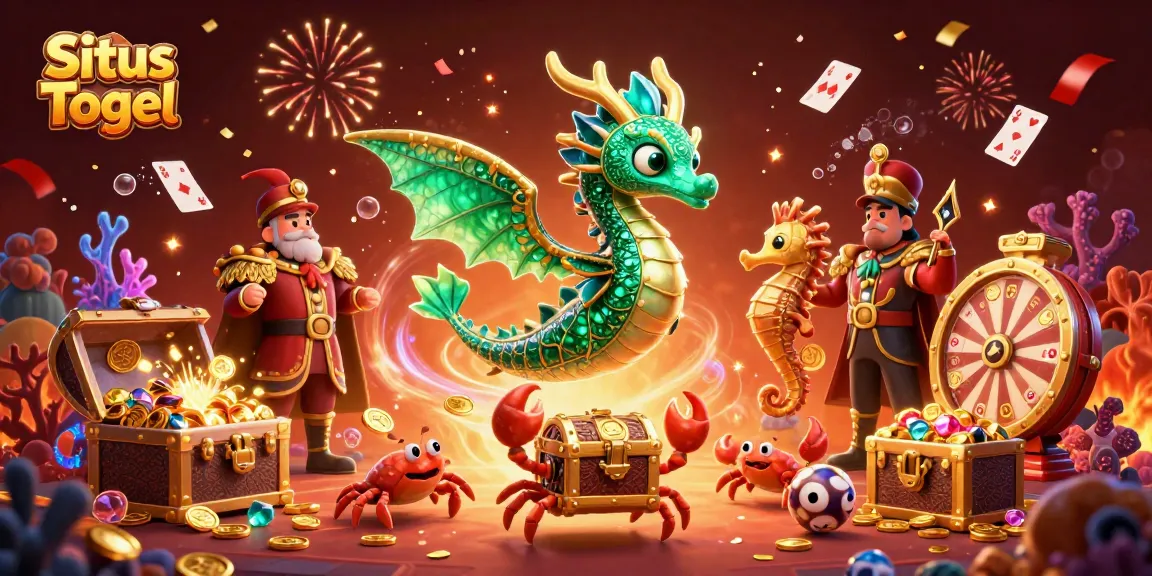 Situs Togel showcases a vibrant gambling scene with a majestic sea dragon and lottery elements amidst glowing treasures.