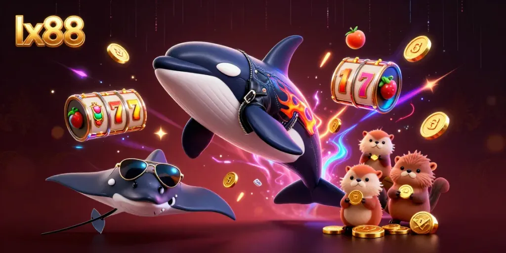 Experience interactive gaming with lx88 featuring a vibrant scene of animated sea life and casino symbols.