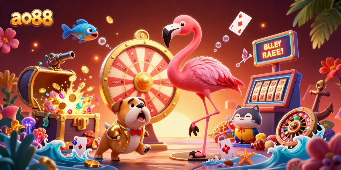 Hit big with ao88's exciting casino action featuring a game show host, bulldog contestant, and scoreboard assistant.