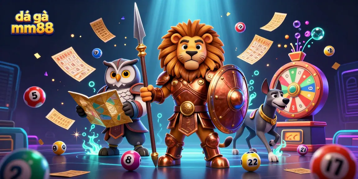 Engage in đá gà mm88 with dynamic visuals of a Spartan lion, owl strategist, and flying lottery elements.