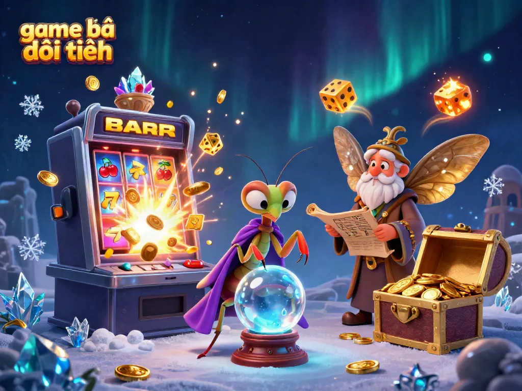 Win big with game bài đổi thưởng in vibrant 3D illustration featuring a fortune teller and a librarian amidst casino elements.