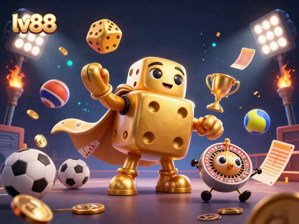 Engage with the dynamic excitement of lv88’s online casino environment showcasing golden dice, sports elements, and lively characters.