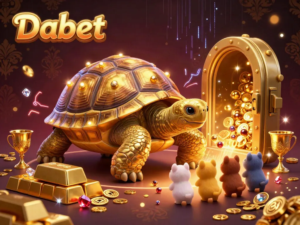 Dabet's vibrant gaming experience highlighted by a lively illustration of a golden tortoise pinball machine surrounded by treasures.