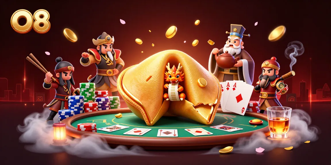 Engage with O8's vibrant casino scene filled with fortune cookies, poker chips, and mythical dragons.