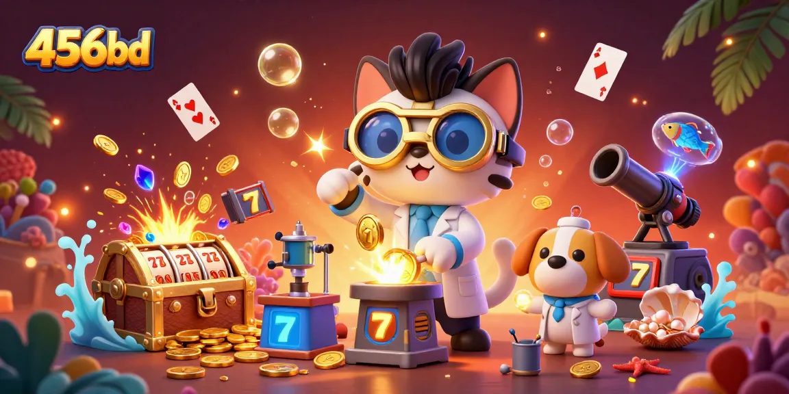 Experience the vibrant energy of 456bd with this engaging 3D illustration depicting a mad scientist cat and lab assistant in an exciting casino-themed adventure.