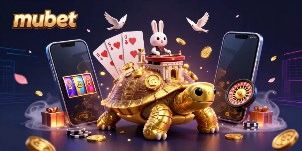 Experience the thrilling vibe of mubet's gaming world with a vibrant casino scene featuring a golden tortoise casino and a rabbit dealer.
