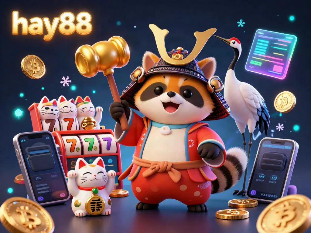 Experience the excitement of hay88 with a charming tanuki and colorful maneki-neko in a vibrant casino scene.