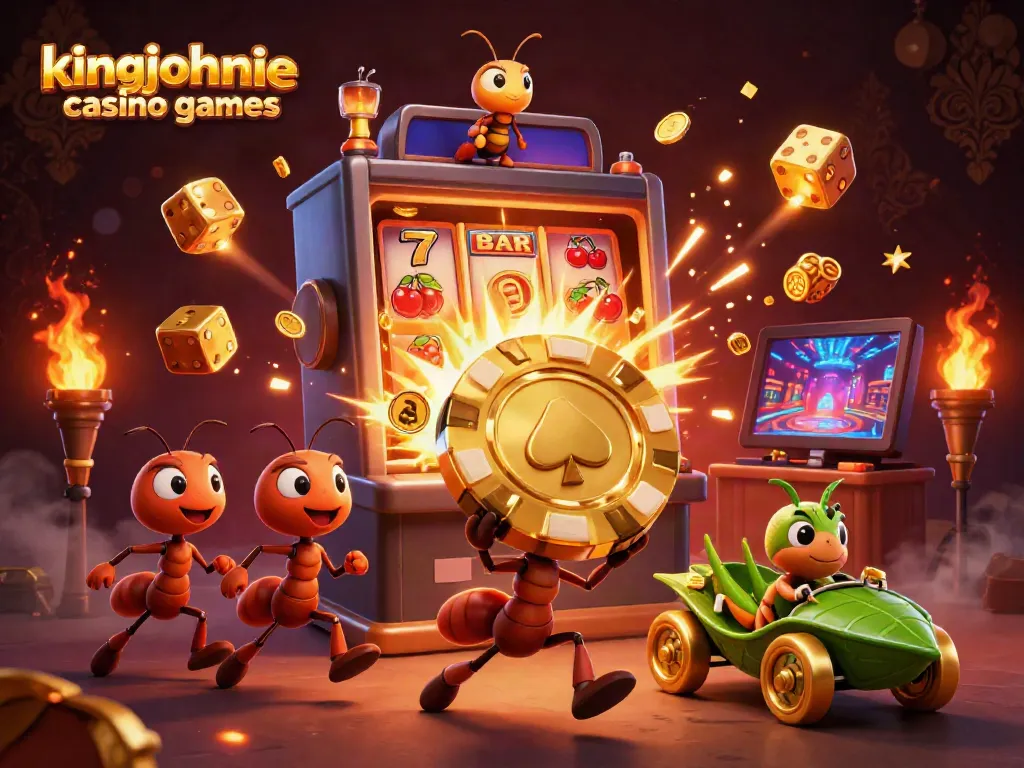 Experience kingjohnnie casino games as cartoon ants pull off a heist with a giant poker chip amidst vibrant casino elements.