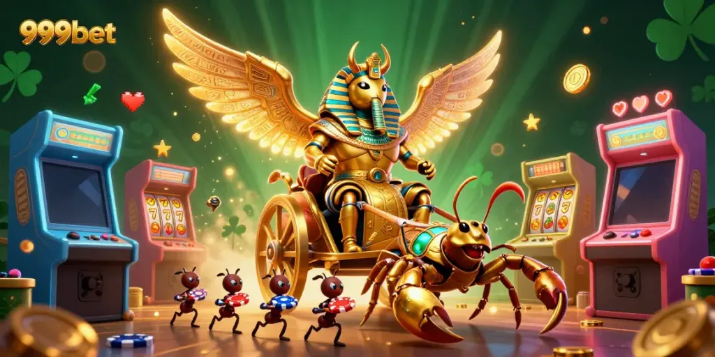 Engage with 999bet's lavish gaming fantasy featuring a golden scarab beetle and jackpot-themed elements.