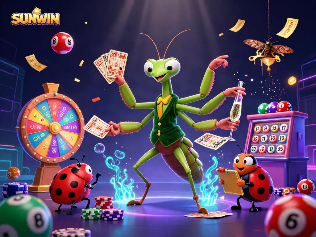 SUNWIN gaming scene featuring a giant mantis card sharp and ladybug pit boss in an energetic casino atmosphere