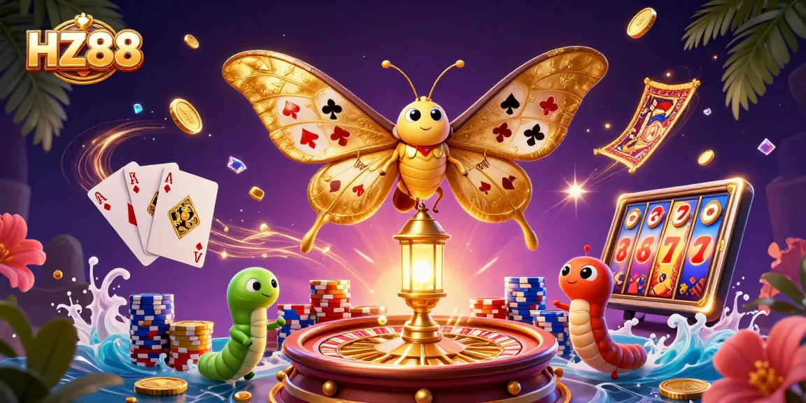 Play with HZ88 in a vibrant 3D casino scene filled with golden coins, card suits, and excitement.