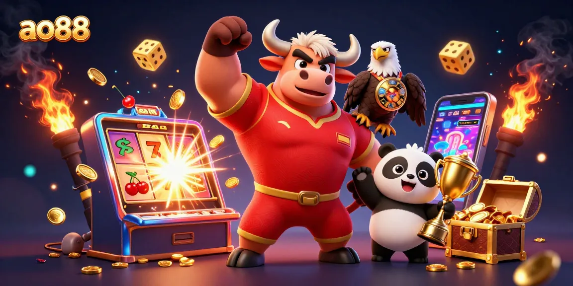 Win big at ao88 with vibrant 3D characters cheering near a jackpot slot explosion and golden trophies