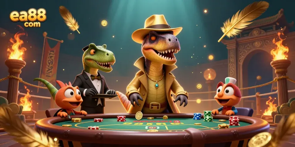Watch a velociraptor card counter at a bustling blackjack table in this lively ea88 com casino scene.