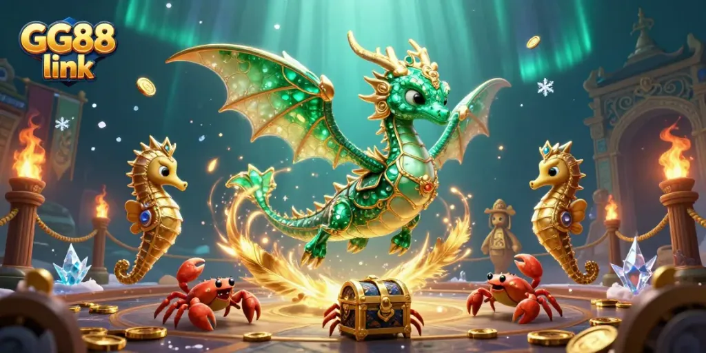 Engage with GG88 link through a vibrant sea-themed illustration showcasing a treasure hunt adventure in a casino world.