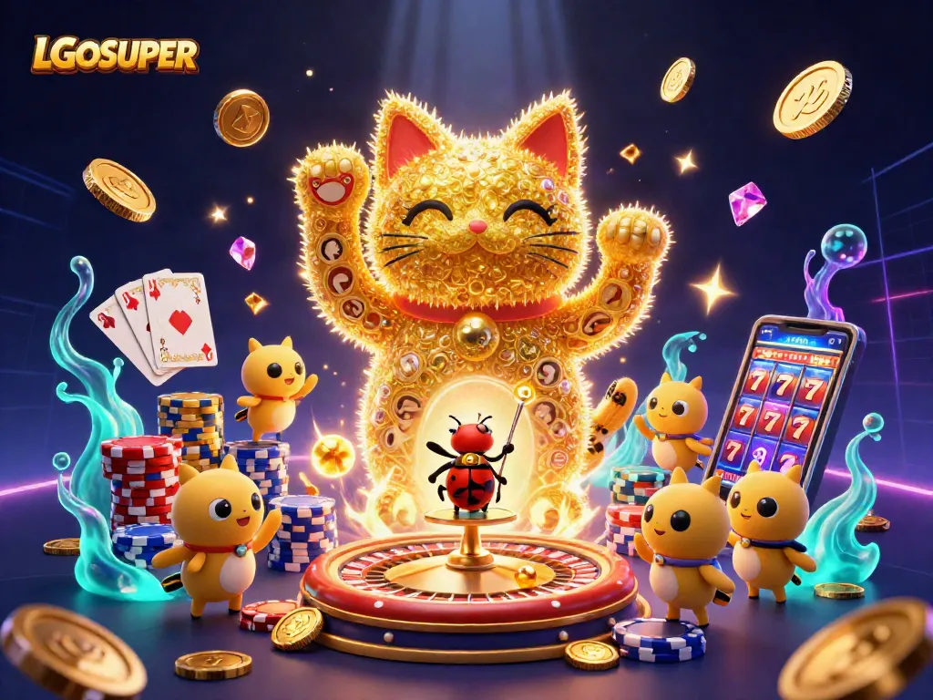 Experience the fun of LGOSUPER's lively casino scene with a lucky cat and glowing fireflies.