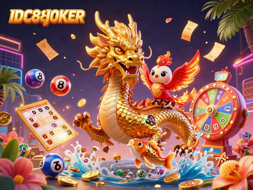 Experience thrilling casino games with IDC88JOKER featuring a dynamic dragon, phoenix, and koi fish scene.