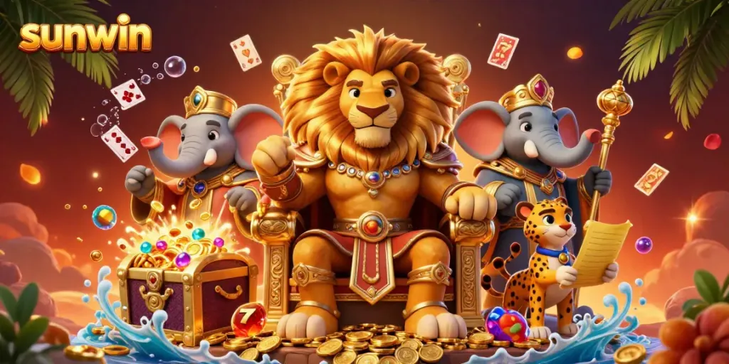 Experience winning with sunwin in a vibrant online casino illustrated scene featuring a lion king and gaming elements.