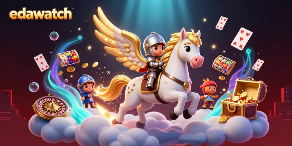 Experience the thrill of edawatch through a vibrant 3D racing scene with a celestial horse and knight.