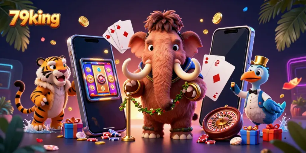 Experience luxury gambling at 79king with a vibrant casino scene featuring a woolly mammoth bouncer and a tiger VIP.
