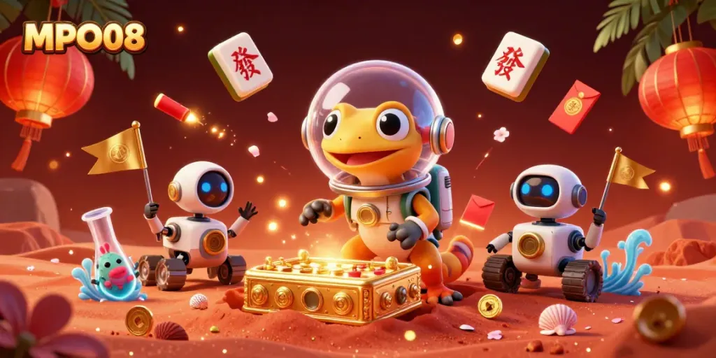 Engage with MPO08's vibrant casino scene featuring Martian characters discovering treasure.